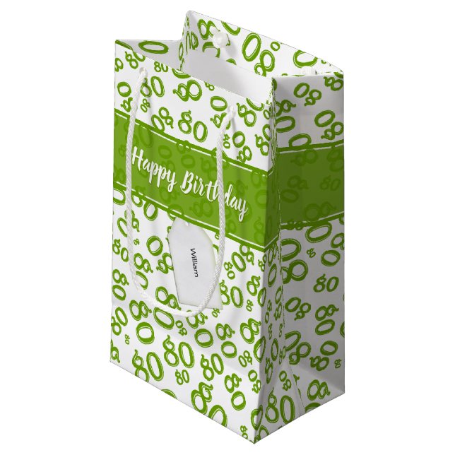 Happy 80th Random Number Pattern Green/White Small Gift Bag (Front Angled)