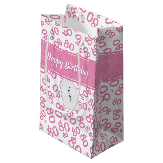 Happy 80th Random Number Pattern Pink/White Small Gift Bag (Front Angled)