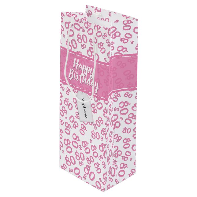 Happy 80th Random Number Pattern Pink/White Wine Gift Bag (Front Angled)