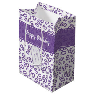 Happy 80th Random Number Pattern Purple/White Medium Gift Bag