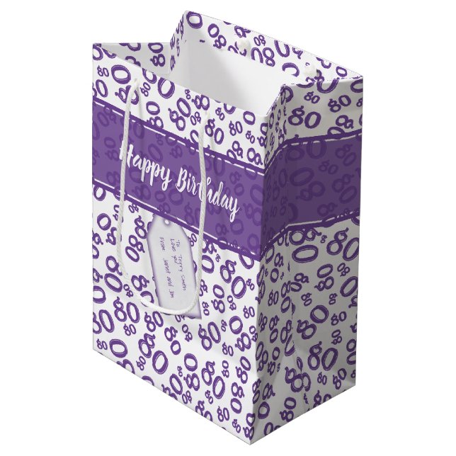 Happy 80th Random Number Pattern Purple/White Medium Gift Bag (Front Angled)
