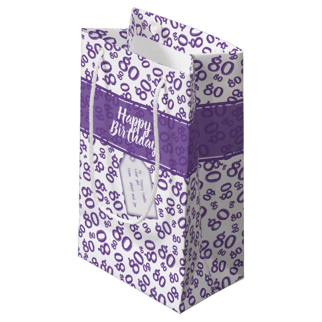 Happy 80th Random Number Pattern Purple/White Small Gift Bag (Front Angled)
