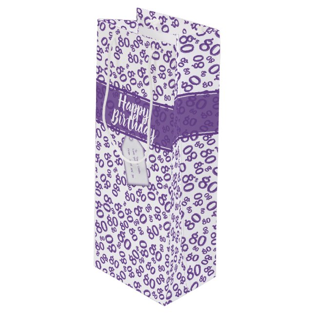 Happy 80th Random Number Pattern Purple/White Wine Gift Bag (Front Angled)