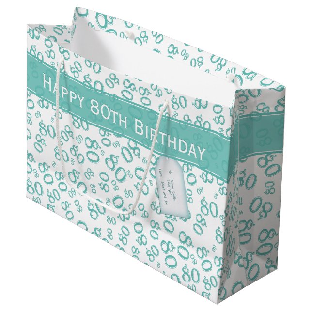 Happy 80th Random Number Pattern Teal/White Large Gift Bag (Front Angled)