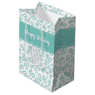 Happy 80th Random Number Pattern Teal/White Medium Gift Bag