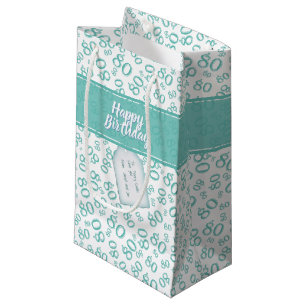 Happy 80th Random Number Pattern Teal/White Small Gift Bag