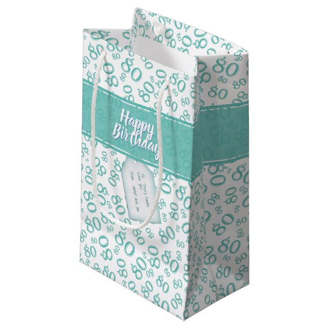 Happy 80th Random Number Pattern Teal/White Small Gift Bag (Front Angled)
