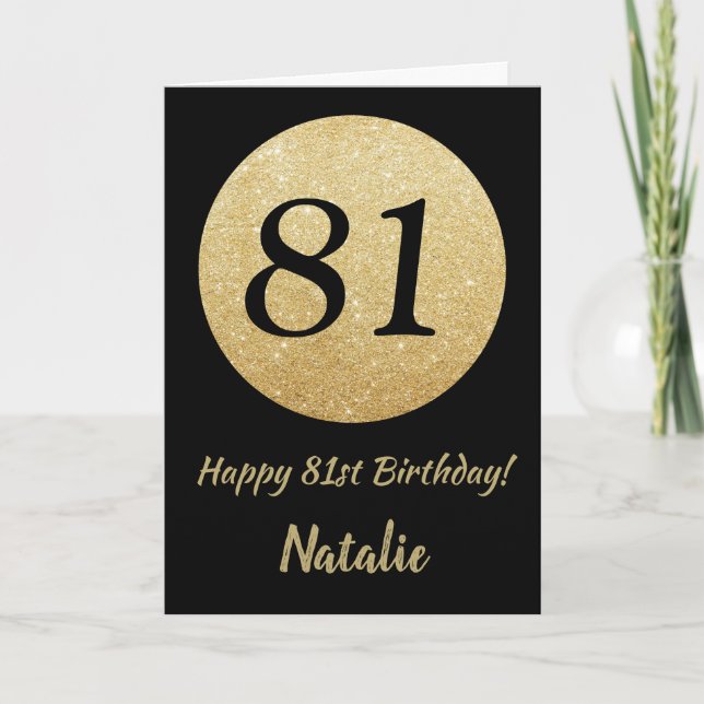Happy 81st Birthday Black and Gold Glitter Card (Front)