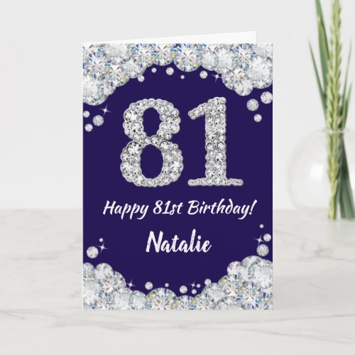 Happy 81st Birthday Navy Blue and Silver Glitter Card