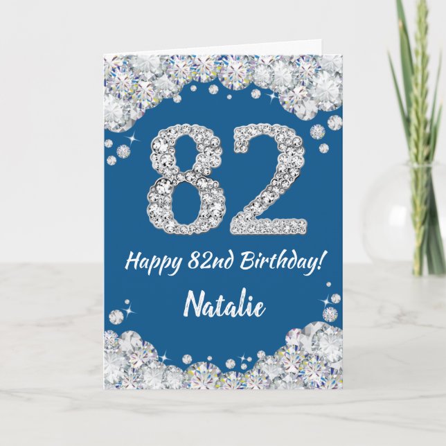 Happy 82nd Birthday Blue and Silver Glitter Card (Front)