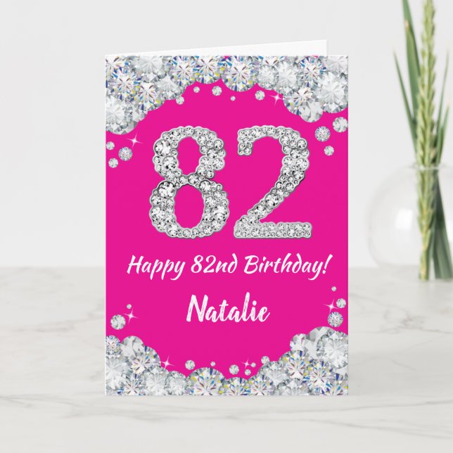 Happy 82nd Birthday Hot Pink and Silver Glitter Card (Front)