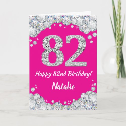 Happy 82nd Birthday Hot Pink and Silver Glitter Card