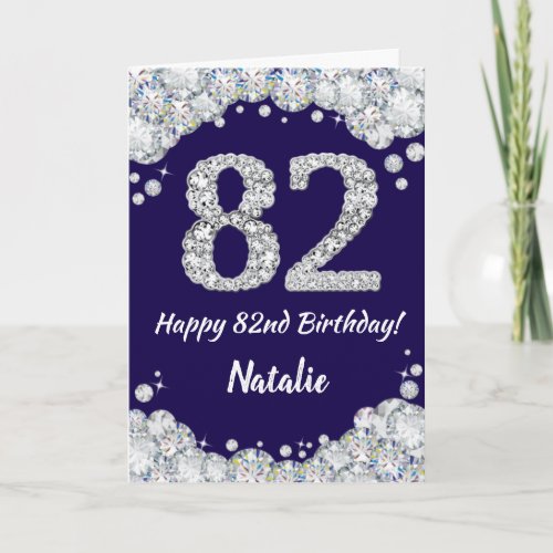 Happy 82nd Birthday Navy Blue and Silver Glitter Card