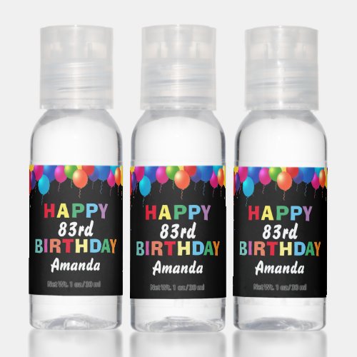 Happy 83rd Birthday Colorful Balloons Black Hand Sanitizer