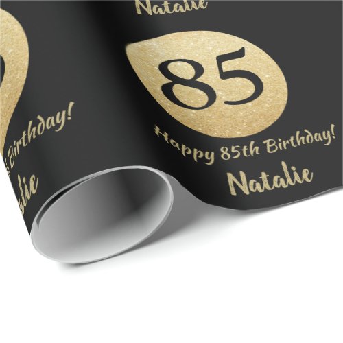 Happy 85th Birthday Black and Gold Glitter Wrapping Paper