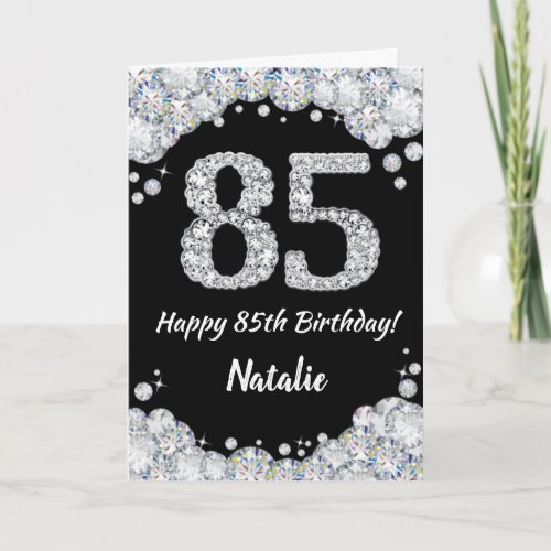 Happy 85th Birthday Black and Silver Glitter Card
