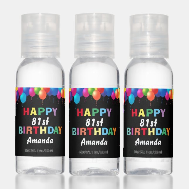 Happy 85th Birthday Colorful Balloons Black Hand Sanitizer (Set)