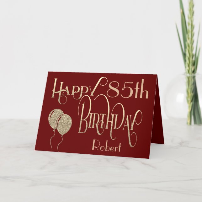 Happy 85th Birthday Name Gold Typography Burgundy Card (Front)