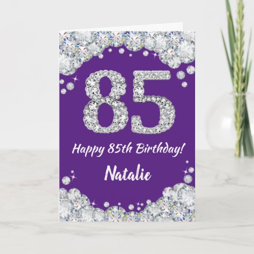 Happy 85th Birthday Purple and Silver Glitter Card