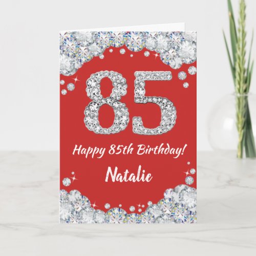 Happy 85th Birthday Red and Silver Glitter Card
