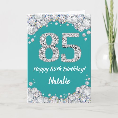 Happy 85th Birthday Teal and Silver Glitter Card