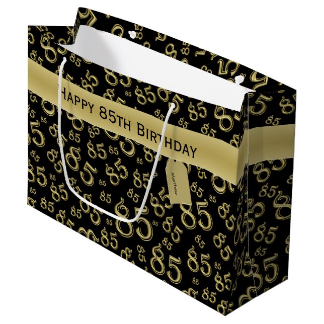 Happy 85th Random Number Pattern Black/Gold Large Gift Bag (Front Angled)