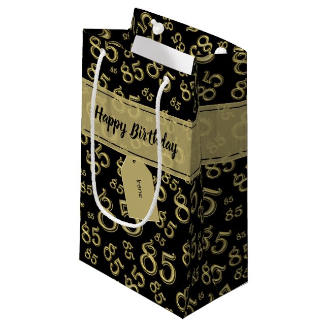 Happy 85th Random Number Pattern Black/Gold Small Gift Bag (Front Angled)