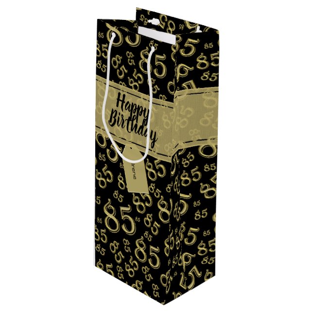 Happy 85th Random Number Pattern Black/Gold Wine Gift Bag (Front Angled)