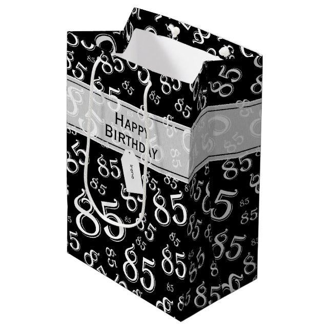 Happy 85th Random Number Pattern Black/White Medium Gift Bag (Front Angled)