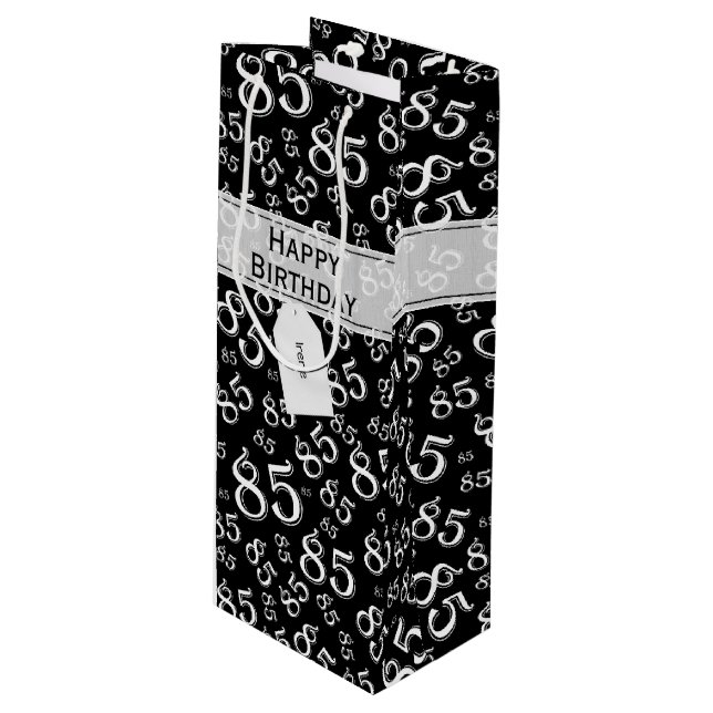 Happy 85th Random Number Pattern Black/White Wine Gift Bag (Front Angled)