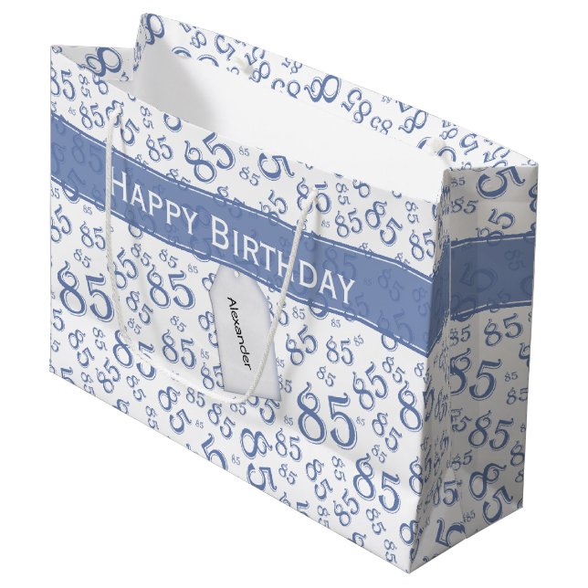 Happy 85th Random Number Pattern Blue/White Large Gift Bag (Front Angled)
