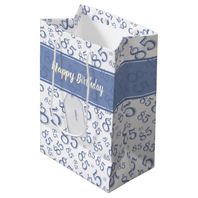 Happy 85th Random Number Pattern Blue/White Medium Gift Bag (Front Angled)
