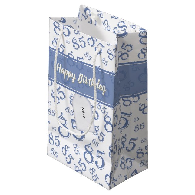 Happy 85th Random Number Pattern Blue/White Small Gift Bag (Front Angled)