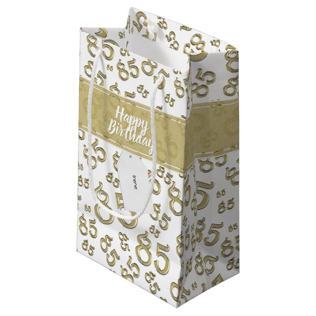 Happy 85th Random Number Pattern Gold/White Small Gift Bag (Front Angled)