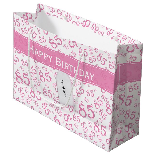 Happy 85th Random Number Pattern Pink/White Large Gift Bag (Front Angled)