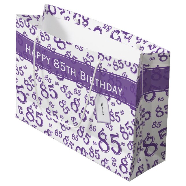 Happy 85th Random Number Pattern Purple/White Large Gift Bag (Front Angled)
