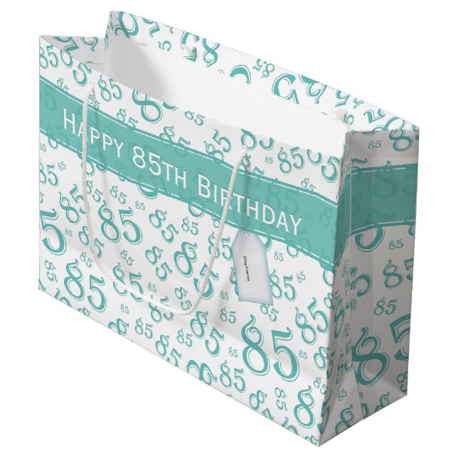 Happy 85th Random Number Pattern Teal/White Large Gift Bag (Front Angled)