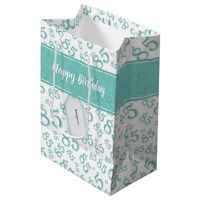 Happy 85th Random Number Pattern Teal/White Medium Gift Bag (Front Angled)