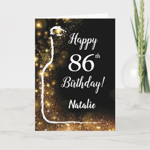 Happy 86th Birthday Black and Gold Glitter Wine Card