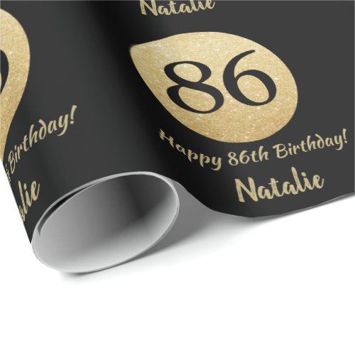 Happy 86th Birthday Black and Gold Glitter Wrapping Paper