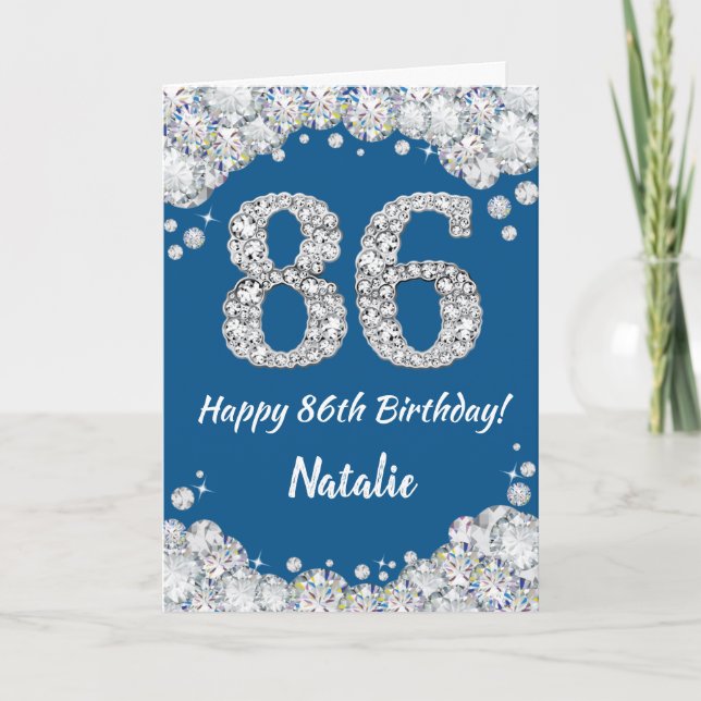 Happy 86th Birthday Blue and Silver Glitter Card (Front)
