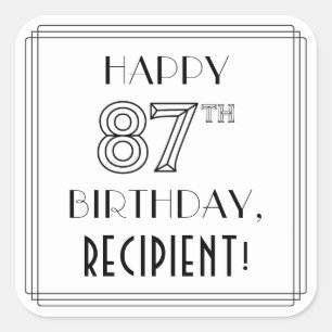HAPPY 87TH BIRTHDAY, Art Deco Style, Custom Name Square Sticker