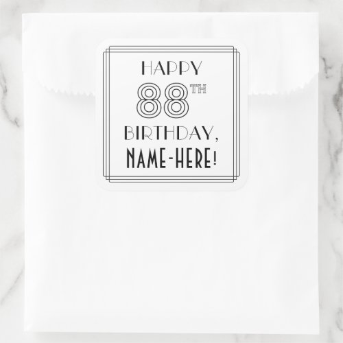 HAPPY 88TH BIRTHDAY Art Deco Style Custom Name Square Sticker