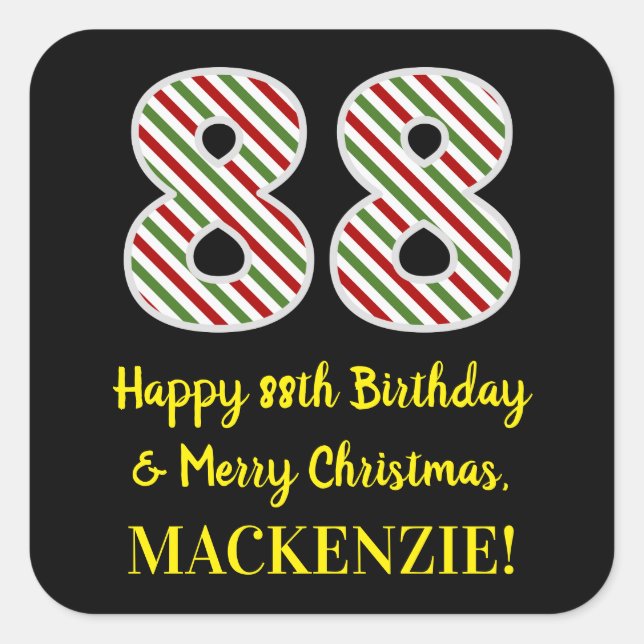Happy 88th Birthday & Merry Christmas, Custom Name Square Sticker (Front)