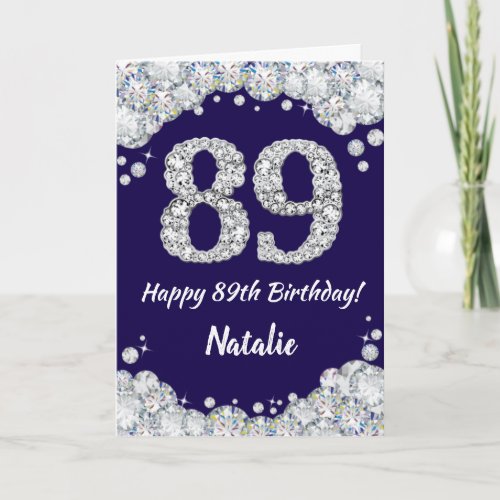 Happy 89th Birthday Navy Blue and Silver Glitter Card