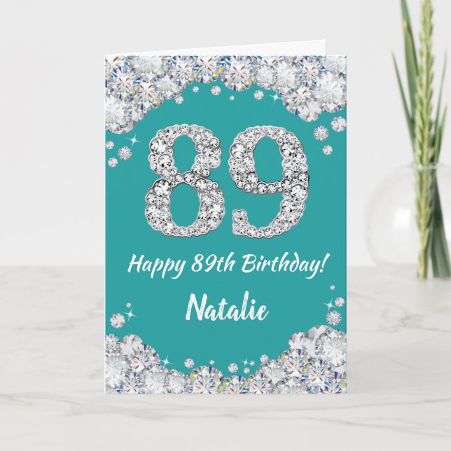 Happy 89th Birthday Teal and Silver Glitter Card (Front)