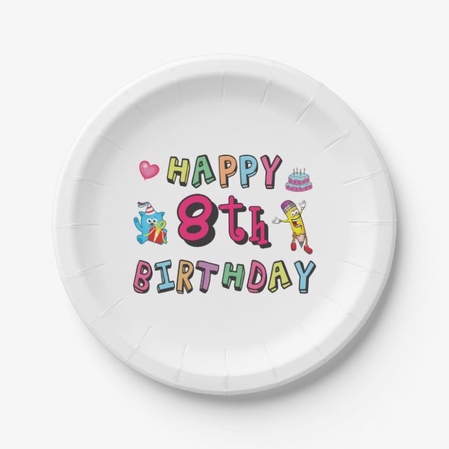 Happy 8th Birthday. 8 year b-day. Paper Plates (Front)
