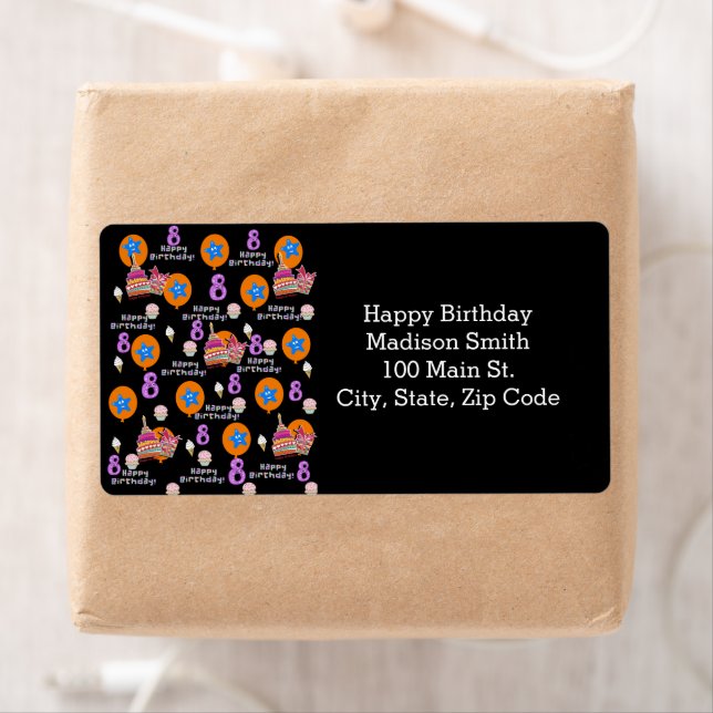 Happy 8th Birthday Address Labels, Black Label (Insitu)