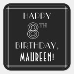 [ Thumbnail: Happy 8th Birthday; Art Deco Style; Custom Name Sticker ]