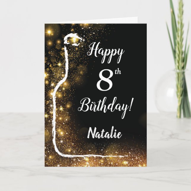 Happy 8th Birthday Black and Gold Glitter Wine Card (Front)